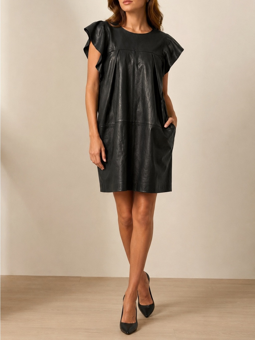 Fifth Avenue Black Leather Flutter Sleeve Dress – Size Small